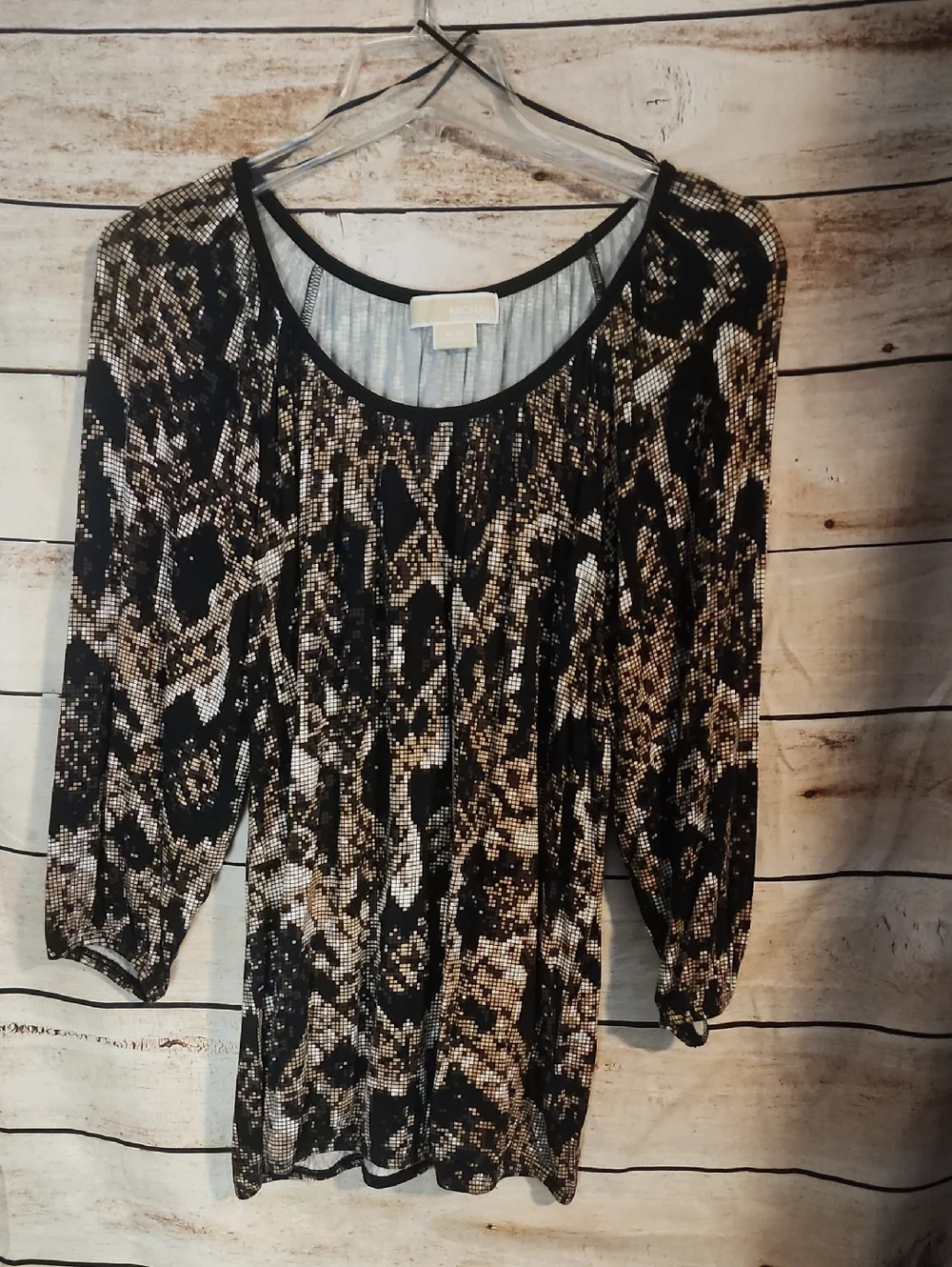 Michael Kors Black and Brown Snake-Print Long Sleeve Top